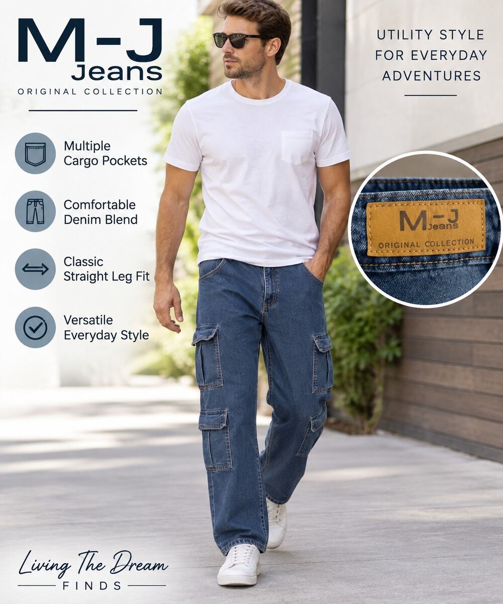 M J Jeans Men’s Size 34 Blue Denim Cargo Jeans Multi Pocket Straight Leg